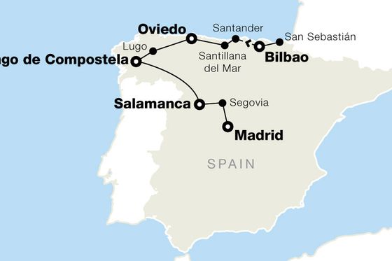 Map of Spain highlighting major cities: Santiago de Compostela, Oviedo, Bilbao, Salamanca, and Madrid, with connecting routes.