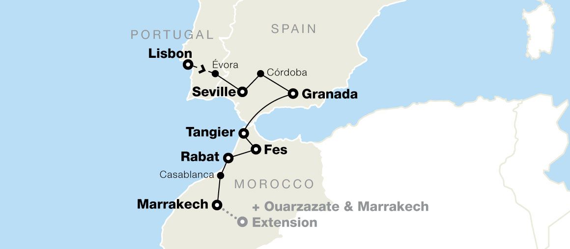 Map showing a travel route from Lisbon to Marrakech via cities like Seville, Tangier, and Fes, with an extension to Ouarzazate.