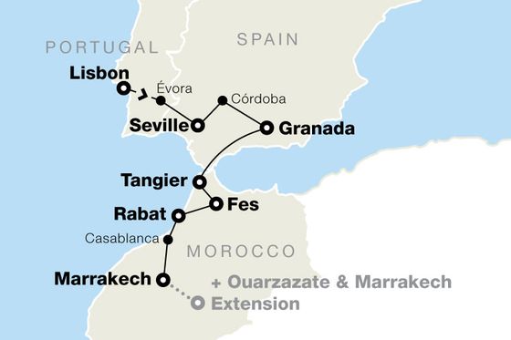 Map showing a travel route from Lisbon to Marrakech via cities like Seville, Tangier, and Fes, with an extension to Ouarzazate.