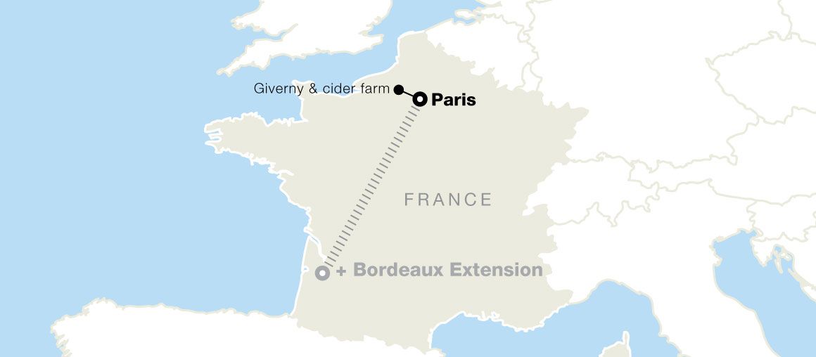 Map of France showing locations: Paris, Giverny & cider farm, and Bordeaux Extension, with a dotted line connecting Paris to Bordeaux.