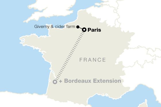 Map of France showing locations: Paris, Giverny & cider farm, and Bordeaux Extension, with a dotted line connecting Paris to Bordeaux.