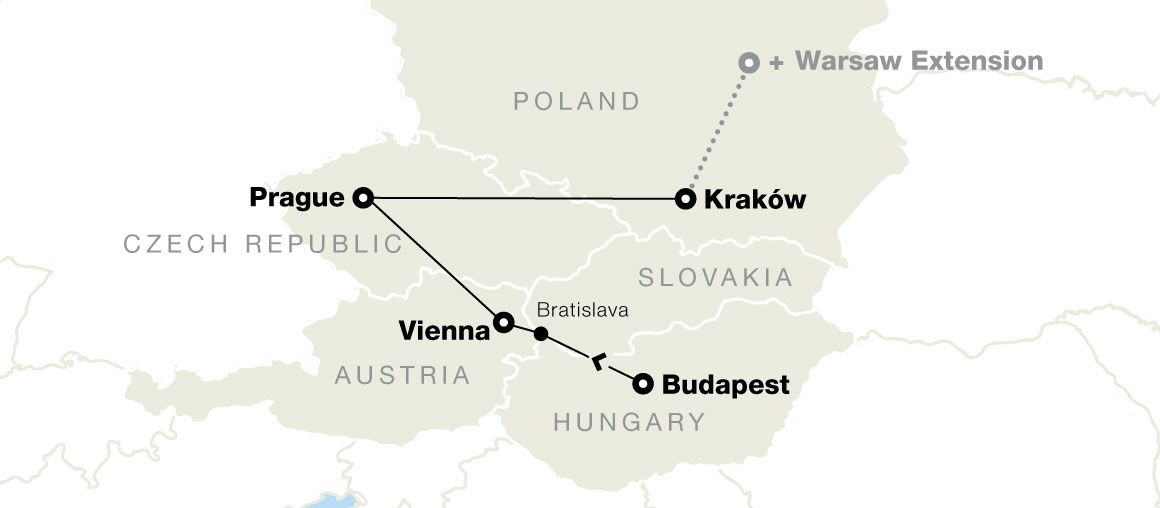 Map showing travel routes between Prague, Vienna, Budapest, and Kraków, with an extension to Warsaw. Includes Czech Republic, Austria, Slovakia, Poland, and Hungary.
