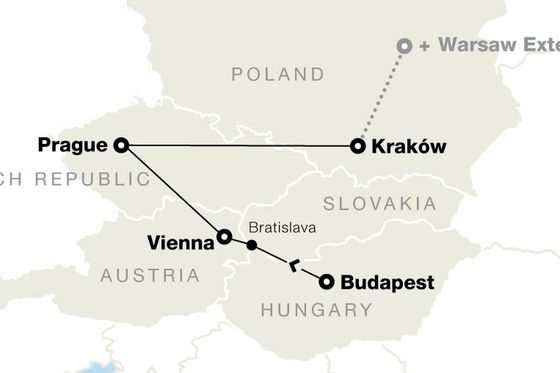 Map showing travel routes between Prague, Vienna, Budapest, and Kraków, with an extension to Warsaw. Includes Czech Republic, Austria, Slovakia, Poland, and Hungary.