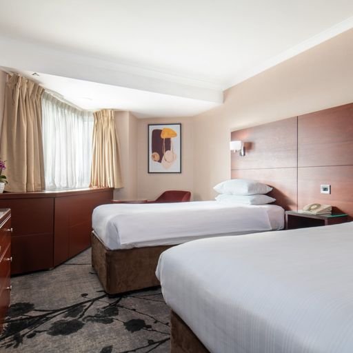 Hotel room with two beds, a TV, decorative artwork, and a window with beige curtains. Room features wooden accents and a potted plant.