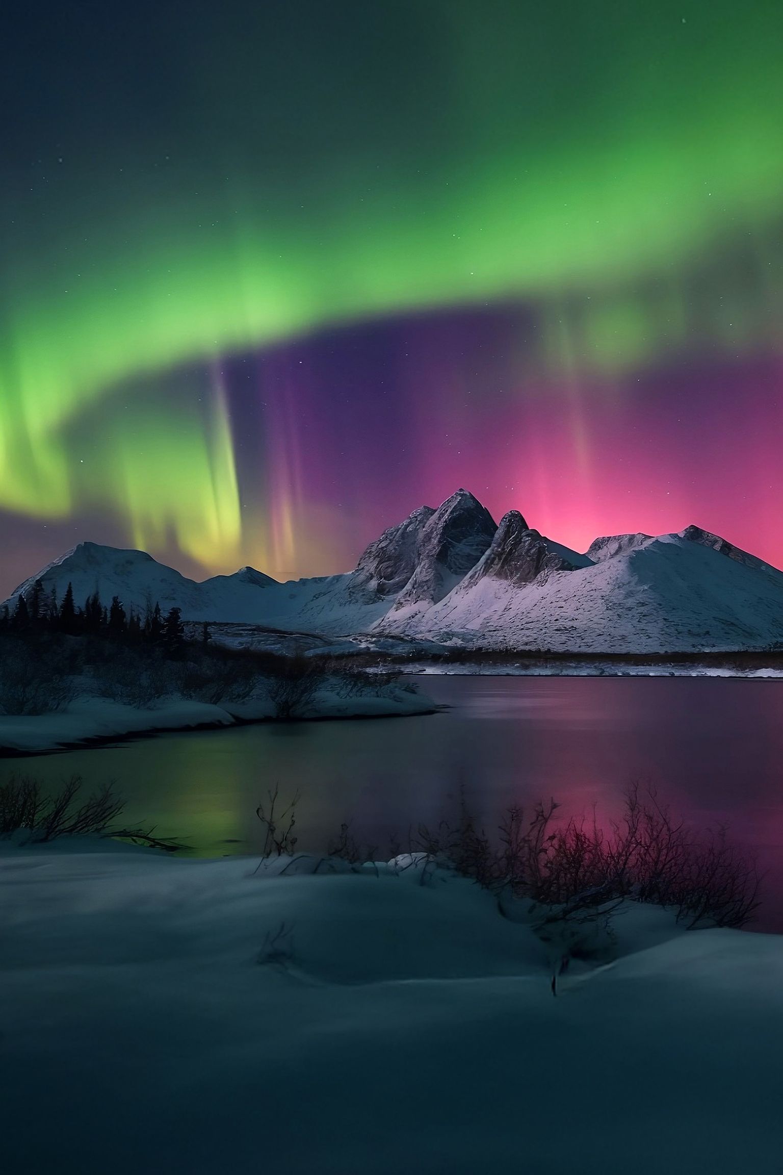 Vibrant aurora borealis lights up a snowy mountain landscape in shades of green and pink, reflecting on a calm lake below.