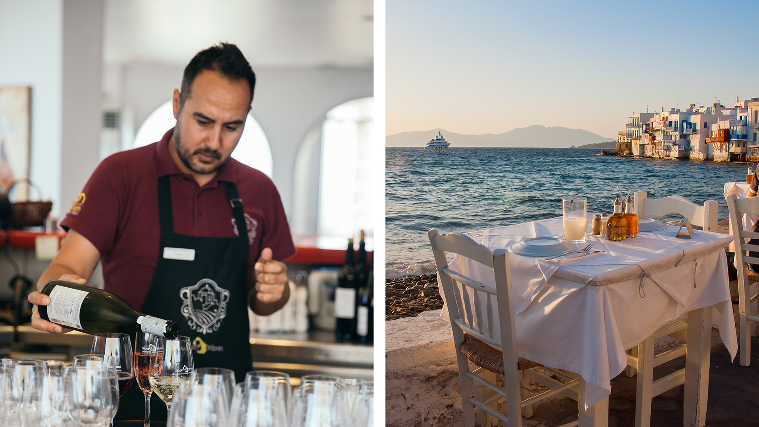 A waiter pours wine into a glass indoors; on the right, an empty table is set by the sea with a scenic coastal view at sunset.