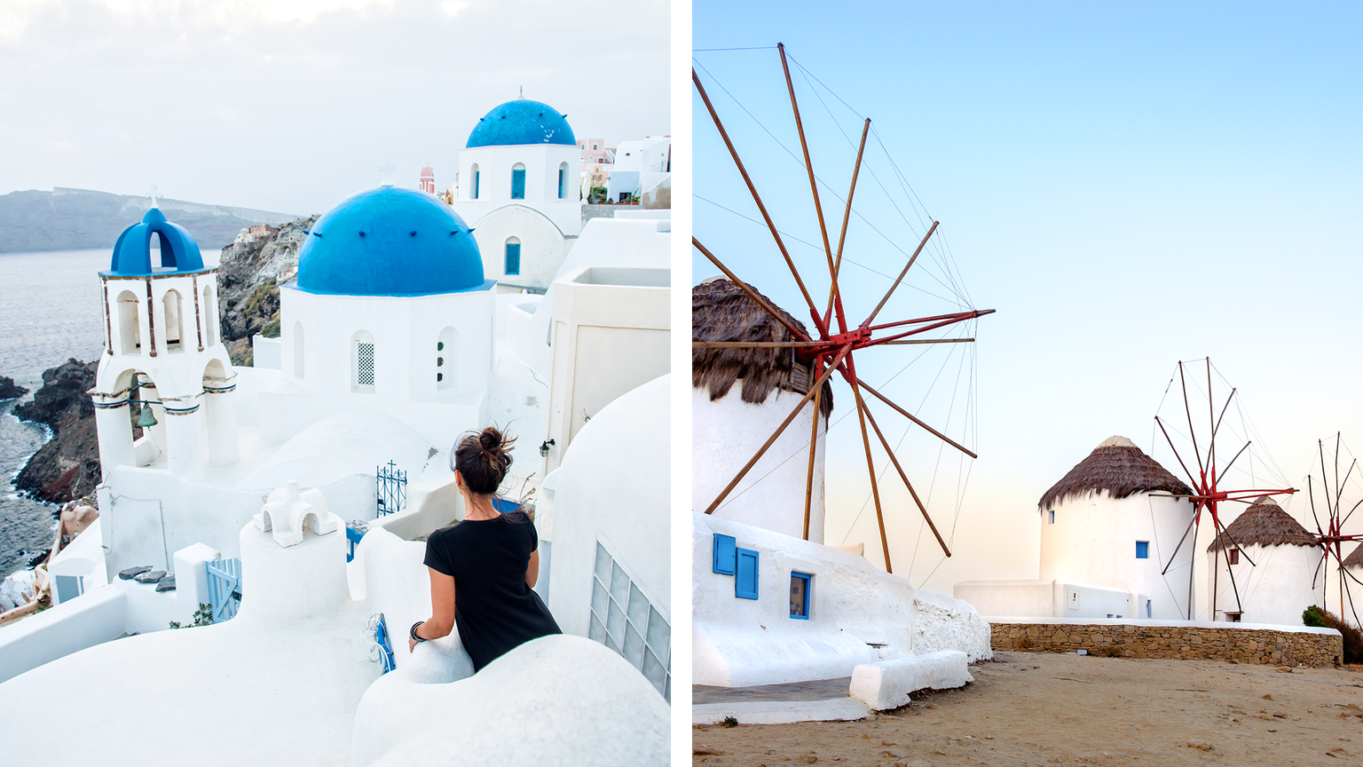 Split image: Left shows a woman in Santorini with blue-domed buildings; right shows traditional windmills in Mykonos at sunset.