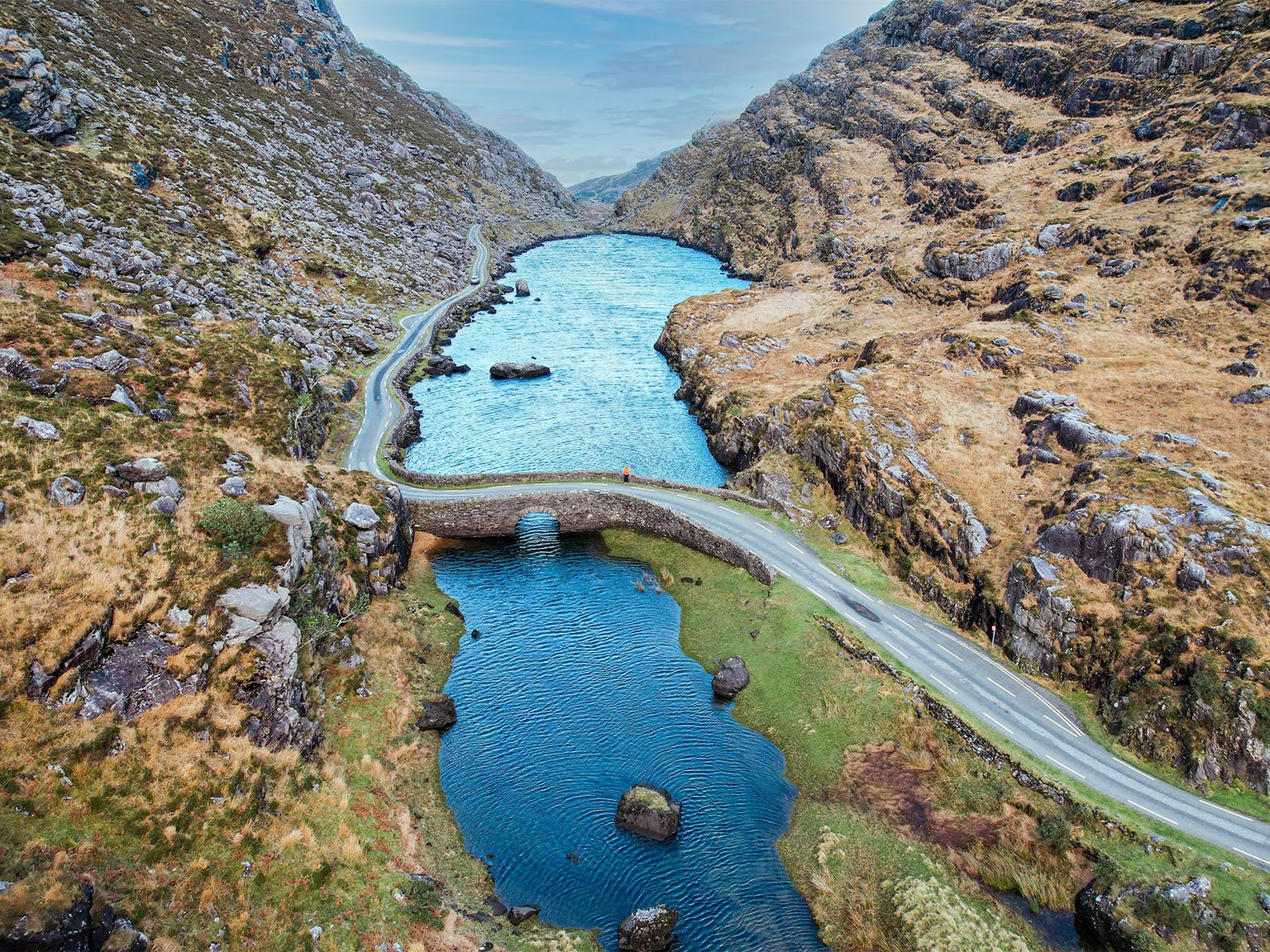 Aerial view of a stone bridge over a winding river in a rocky, mountainous landscape with sparse vegetation and a cloudy sky.