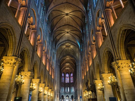 Interior view of a Gothic cathedral featuring high ribbed vaulted ceilings, rows of stone columns, and stained-glass windows. Multi-tiered chandeliers are mounted on the columns, and a large rose window is visible at the far end of the nave.