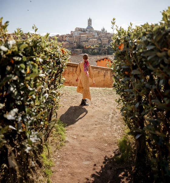 Woman in a long dress walks through a hedge-lined path, approaching a scenic view of an old town with a cathedral under a clear sky.