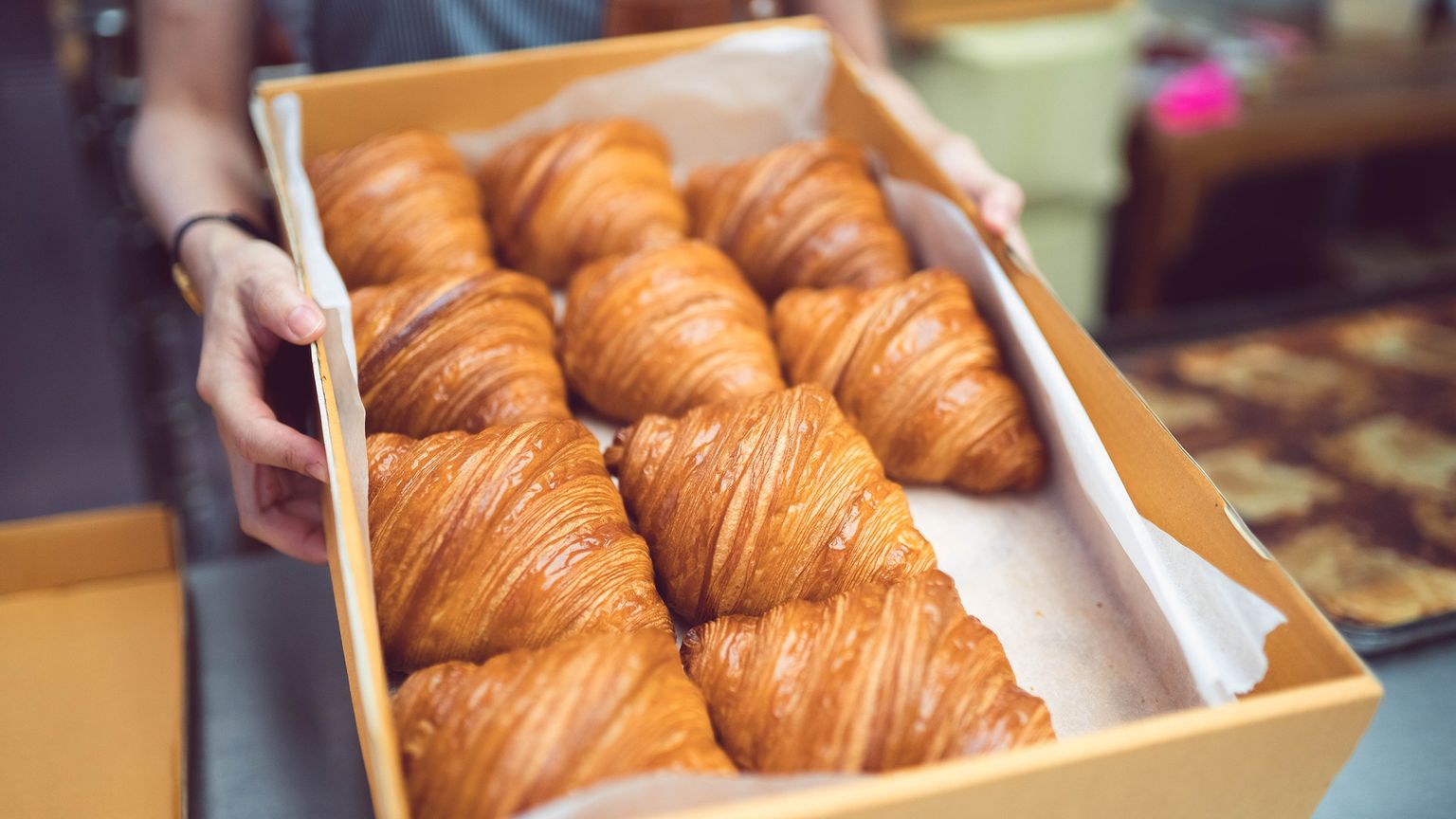 A person holding a box of freshly baked golden croissants, arranged neatly in a bakery setting.