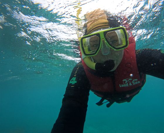 Person snorkeling underwater, wearing a red life vest and yellow diving mask, surrounded by clear blue water.