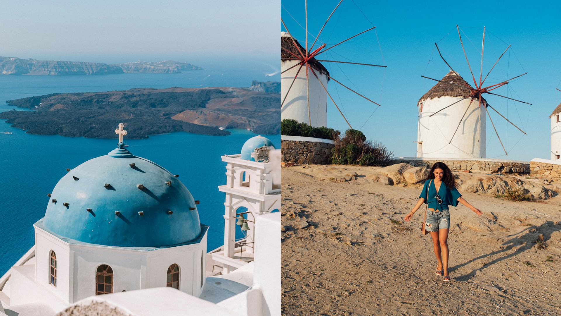 A scenic view of Santorini's blue domes by the sea and a woman walking near traditional windmills on a sunny day.