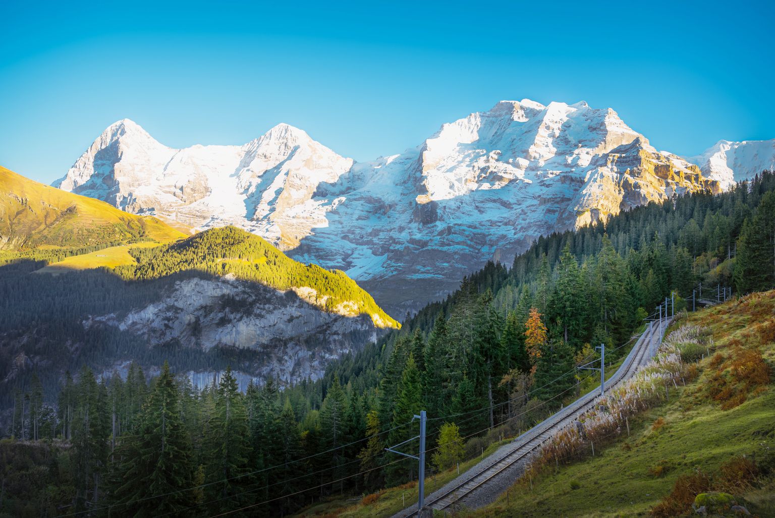 Scenic view of snow-capped mountains with a tranquil forest and a railway track in the foreground under a clear blue sky.