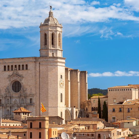 View of Girona Cathedral, a large Gothic-style building, with surrounding historic buildings under a bright blue sky in Girona, Spain.