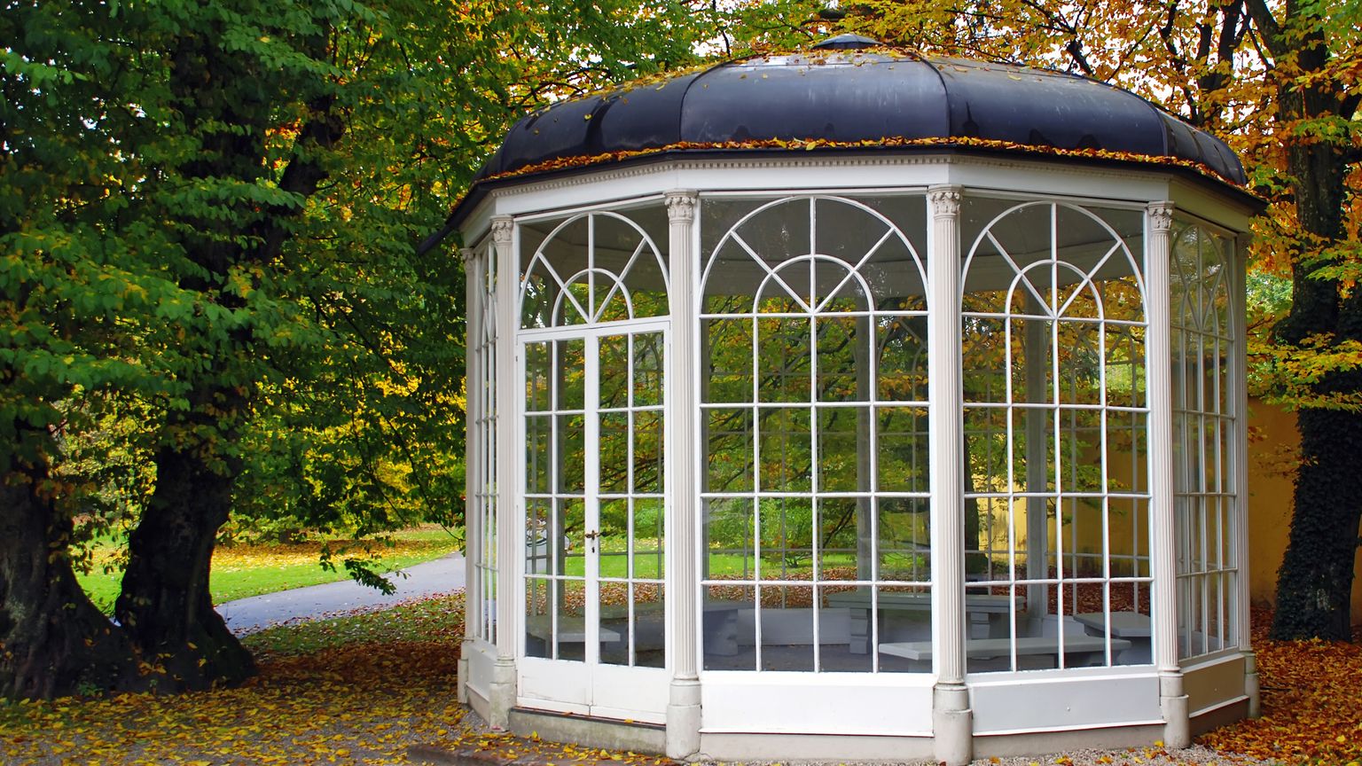 An elegant white gazebo with large arched windows and a dark domed roof, surrounded by lush trees and autumn leaves on the ground.