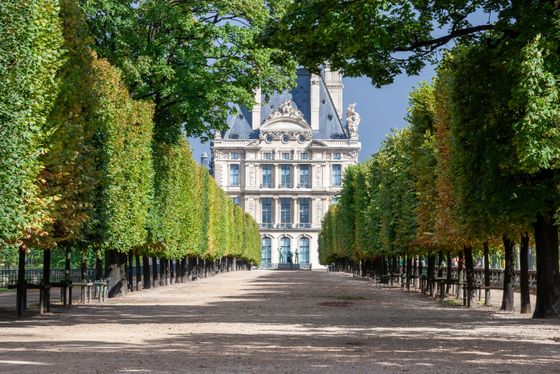 A tree-lined pathway leads to a historic building with intricate architecture, set against a partly cloudy sky.