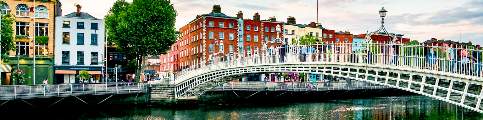 A scenic view of Dublin's Ha'penny Bridge spanning the River Liffey, surrounded by historic buildings and trees under a cloudy sky.