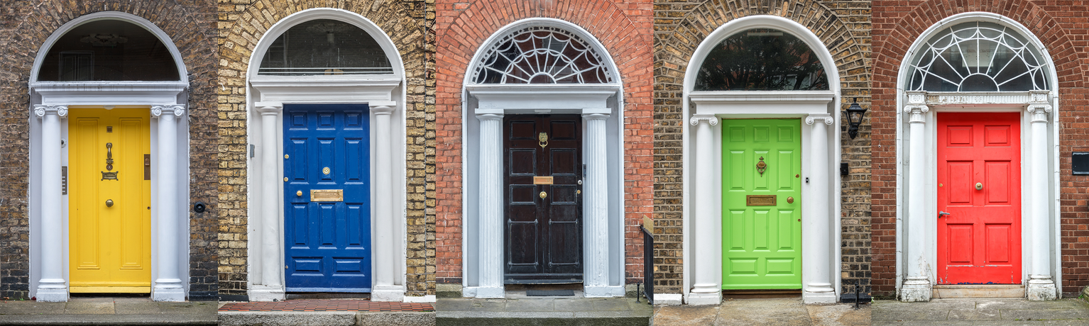 A composite image showing four arched Georgian doorways with yellow, blue, black, and red doors set into brick facades. Each door features white columns, a semi-circular fanlight window above, and brass hardware including door knockers and mail slots.