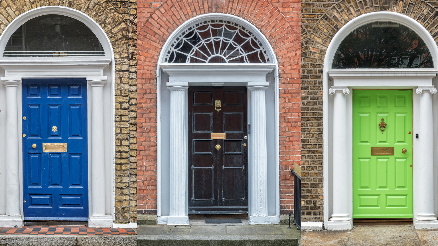 A composite image showing four arched Georgian doorways with yellow, blue, black, and red doors set into brick facades. Each door features white columns, a semi-circular fanlight window above, and brass hardware including door knockers and mail slots.