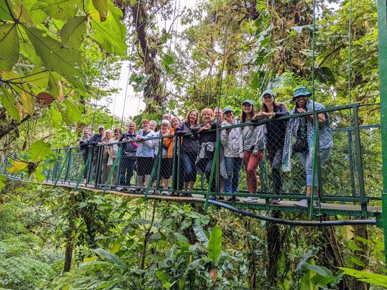 A group of people standing on a metal suspension bridge surrounded by lush, dense rainforest foliage.