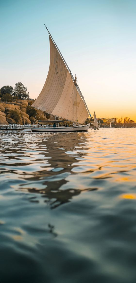 Sailboat with large sail gliding on calm water at sunset, with rocky shoreline and trees in the background.