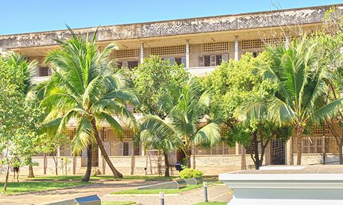 A building with a weathered facade, surrounded by lush palm trees and greenery, under a clear blue sky.