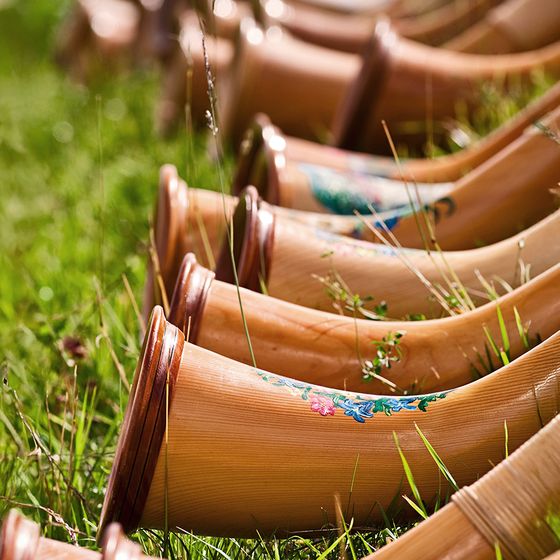 Row of decorative wooden alphorns lying on green grass, with intricate painted details on each horn.