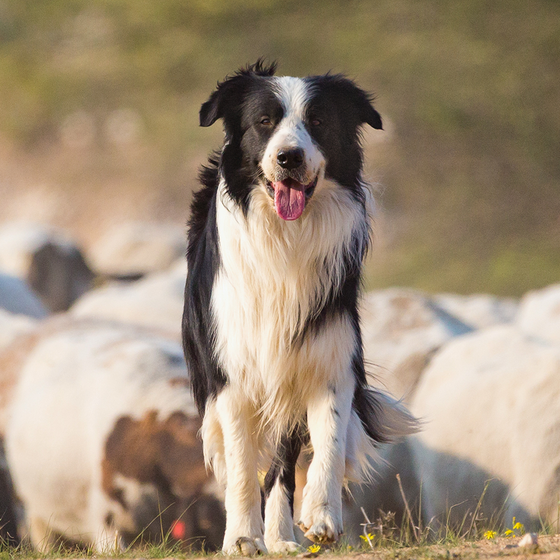 A black and white border collie stands on a grassy field with sheep blurred in the background, under a sunny sky.
