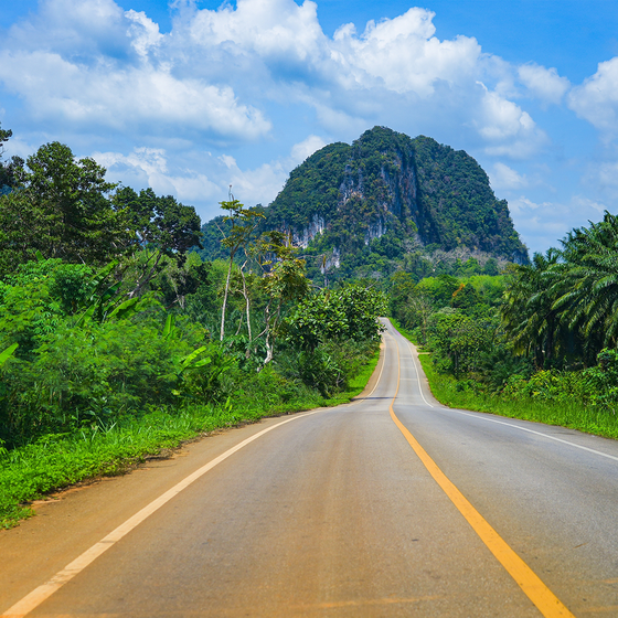 A winding road leads through lush greenery towards a large, tree-covered mountain under a bright blue sky with scattered clouds.