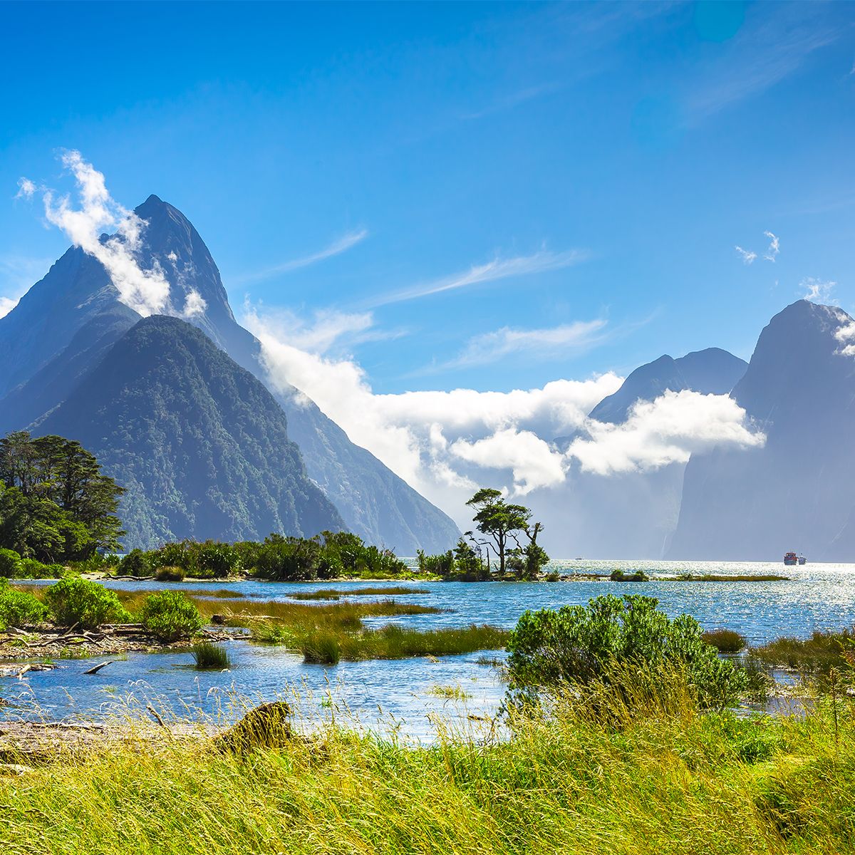 Scenic view of Milford Sound with towering mountains, lush greenery, and a calm waterway under a bright blue sky with scattered clouds.