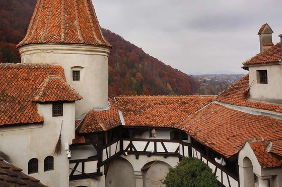 Castle with orange-tiled roofs set against forested hills under a cloudy sky. Medieval architecture with visible archways and turrets.