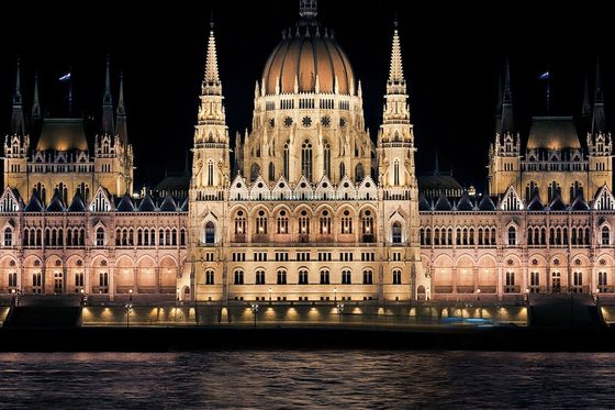 Illuminated gothic-style building with dome and spires, reflecting on a river at night.