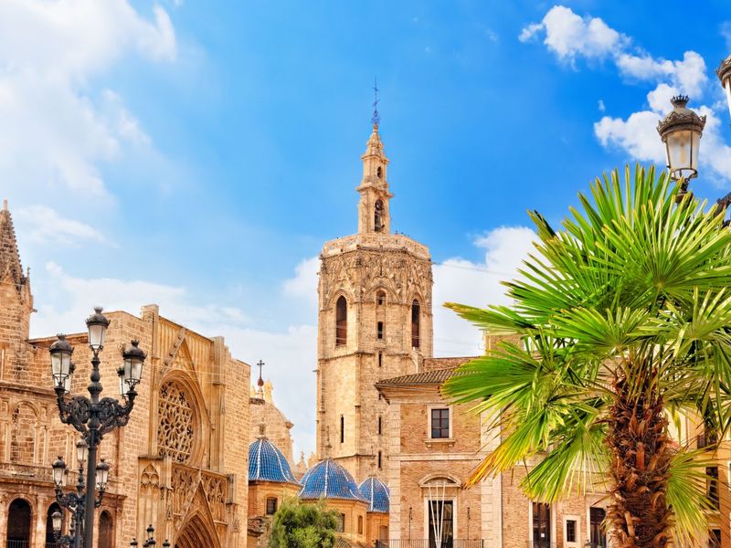 Historic stone buildings with intricate facades and a tall bell tower under a blue sky, with palm trees in the foreground.