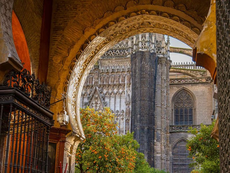 Ornate archway framing a view of a gothic cathedral with intricate spires and lush orange trees around an iron gate.