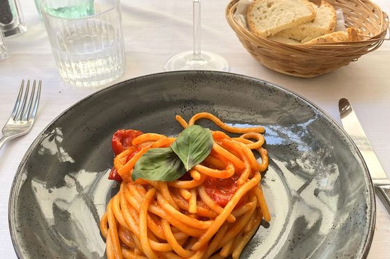 A plate of pasta with tomato sauce and basil on a gray plate, alongside bread in a basket and a glass of white wine on a white tablecloth.