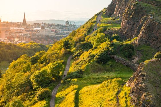 A scenic view of a sunlit green hillside with a winding path, overlooking a cityscape with spires and church towers in the background.