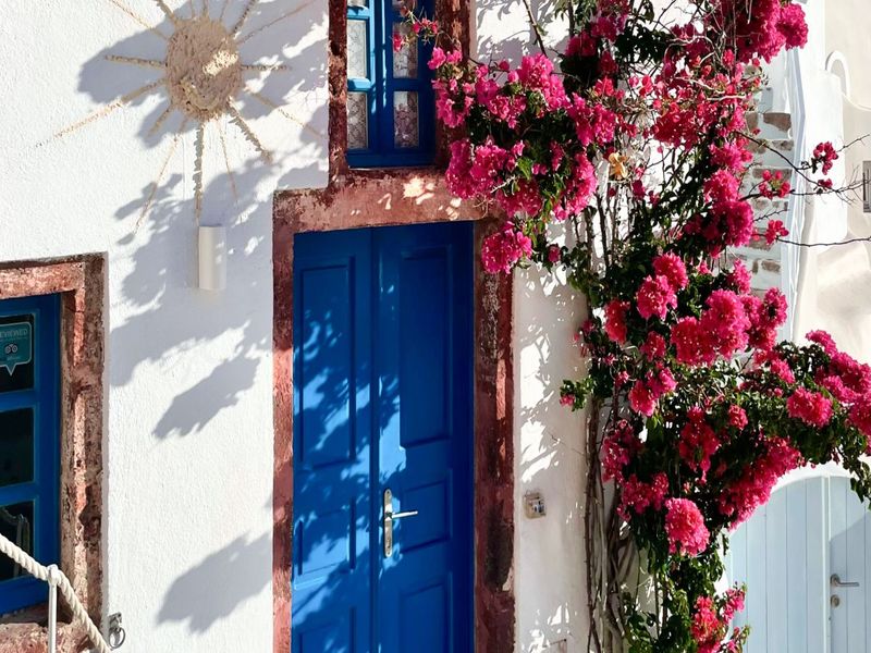 White wall with a vibrant blue door, adorned by climbing pink bougainvillea. A decorative sun hangs nearby, casting shadows.