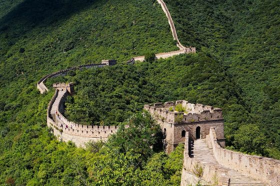 The Great Wall of China winds through lush green hills under a blue sky, showcasing ancient stone architecture and scenic vistas.