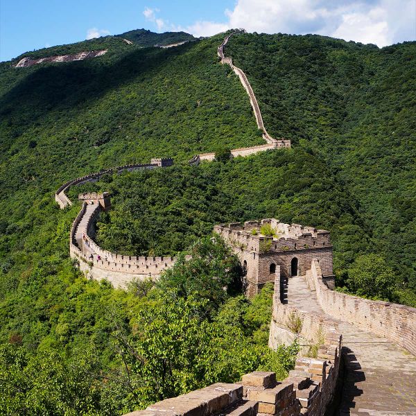 The Great Wall of China winds through lush green hills under a blue sky, showcasing ancient stone architecture and scenic vistas.