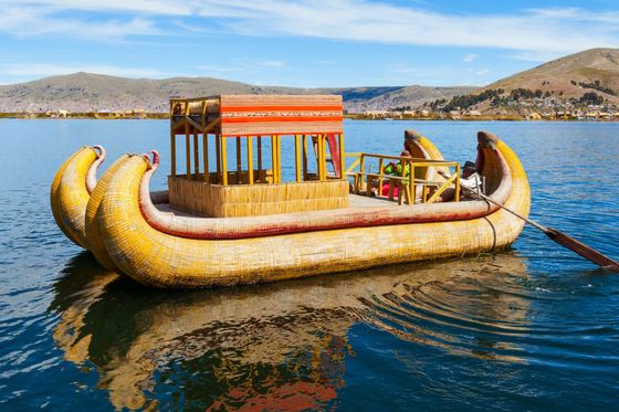 A traditional reed boat with a canopy floats on a lake under a bright blue sky, with distant hills and a shoreline in the background.