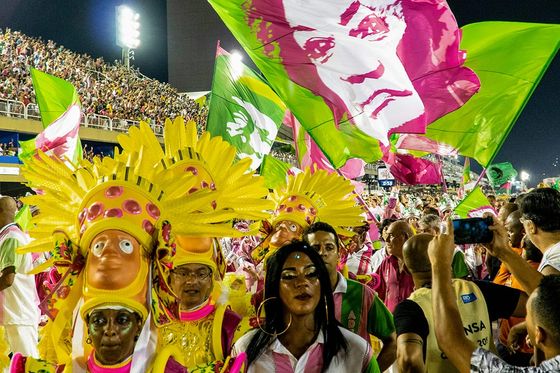 Carnival parade with vibrant costumes and large pink and green flags featuring a face, surrounded by a lively crowd at night.