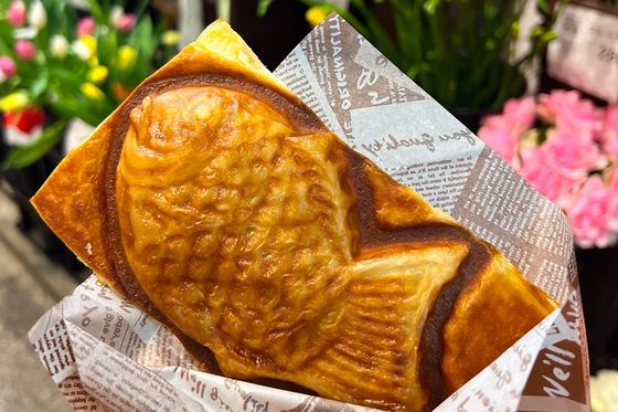 A hand holds a fish-shaped pastry wrapped in printed paper, with colorful flowers in the background.