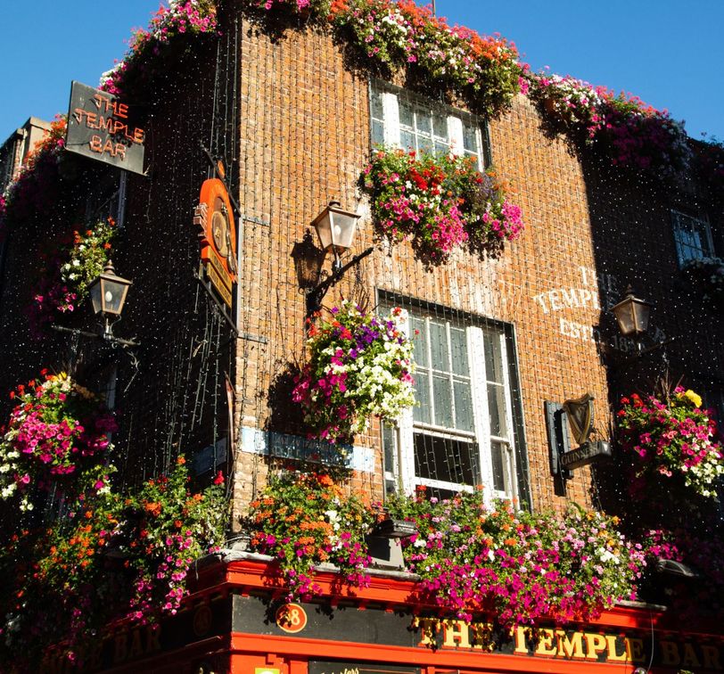 A brick building covered in colorful hanging flowers with signs reading "The Temple Bar." Vintage lamps adorn the facade.
