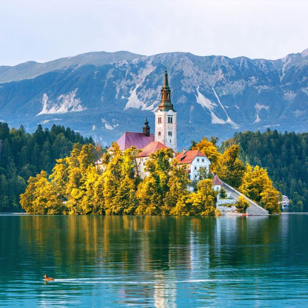 Scenic view of an island with a church and autumn trees on a tranquil lake, surrounded by mountains under a clear sky.