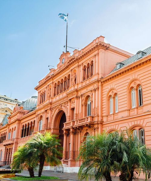 Historic pink building with ornate architecture, palm trees in front, and an Argentine flag on top, under a clear blue sky.