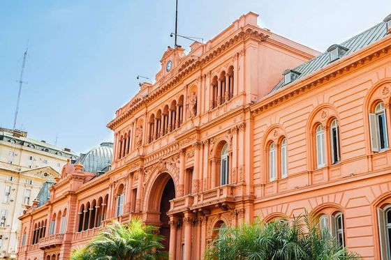 Historic pink building with ornate architecture, palm trees in front, and an Argentine flag on top, under a clear blue sky.