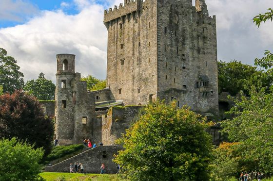 A medieval castle with tall stone walls and a central tower, surrounded by lush green lawns and trees under a partly cloudy blue sky.