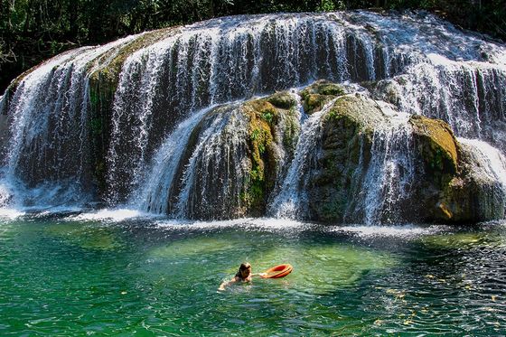 Person swimming near a cascading waterfall in a green forest setting, holding an orange flotation ring in clear, emerald water.