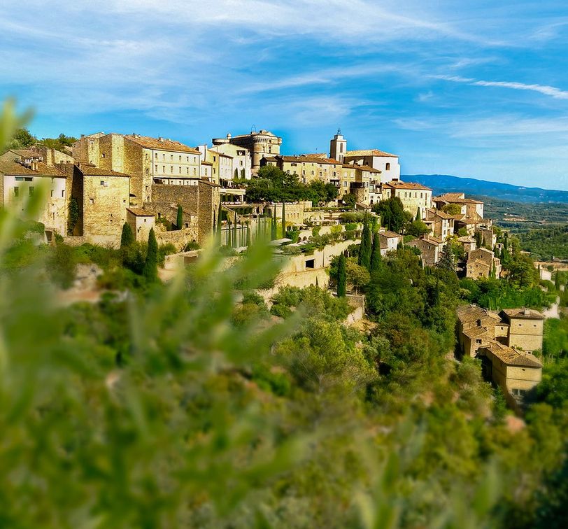 A city on a hill with trees in the foreground.